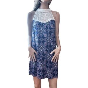 As U Wish Rayon & Lace Shift Choker Dress with Keyhole Close Aztec Floral M-L